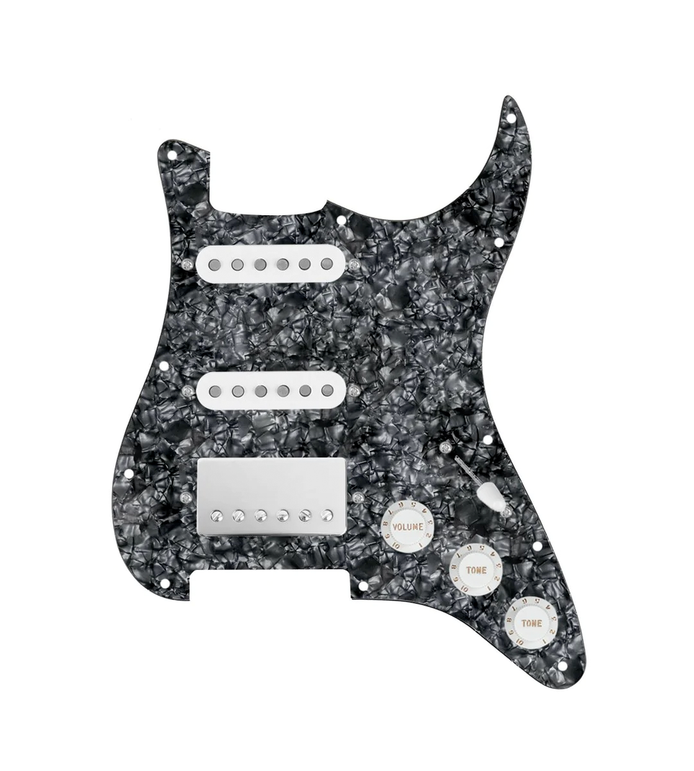 920D Custom HSS Loaded Pickguard For Strat With A Nickel Smoothie Humbucker, White Texas Vintage Pickups, White Knobs, and Black Pearl Pickguard
