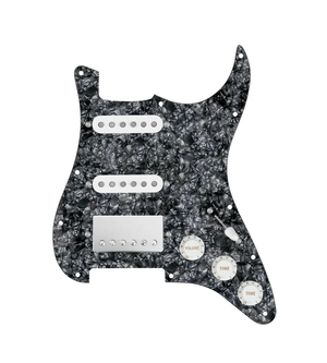 920D Custom HSS Loaded Pickguard For Strat With A Nickel Smoothie Humbucker, White Texas Vintage Pickups, White Knobs, and Black Pearl Pickguard