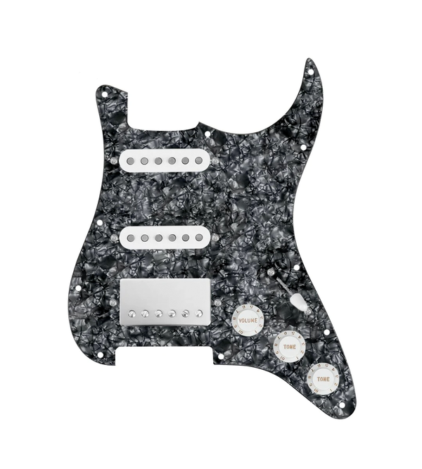 920D Custom HSS Loaded Pickguard For Strat With A Nickel Smoothie Humbucker, White Texas Vintage Pickups, White Knobs, and Black Pearl Pickguard