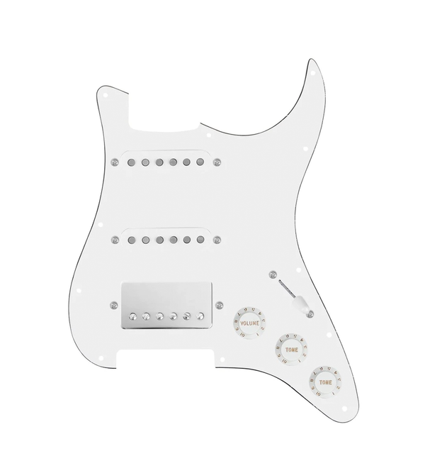 920D Custom HSS Loaded Pickguard For Strat With A Nickel Smoothie Humbucker, White Texas Vintage Pickups, White Knobs, and White Pickguard