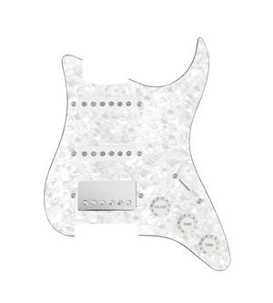 920D Custom HSS Loaded Pickguard For Strat With A Nickel Smoothie Humbucker, White Texas Vintage Pickups, White Knobs, and White Pearl Pickguard