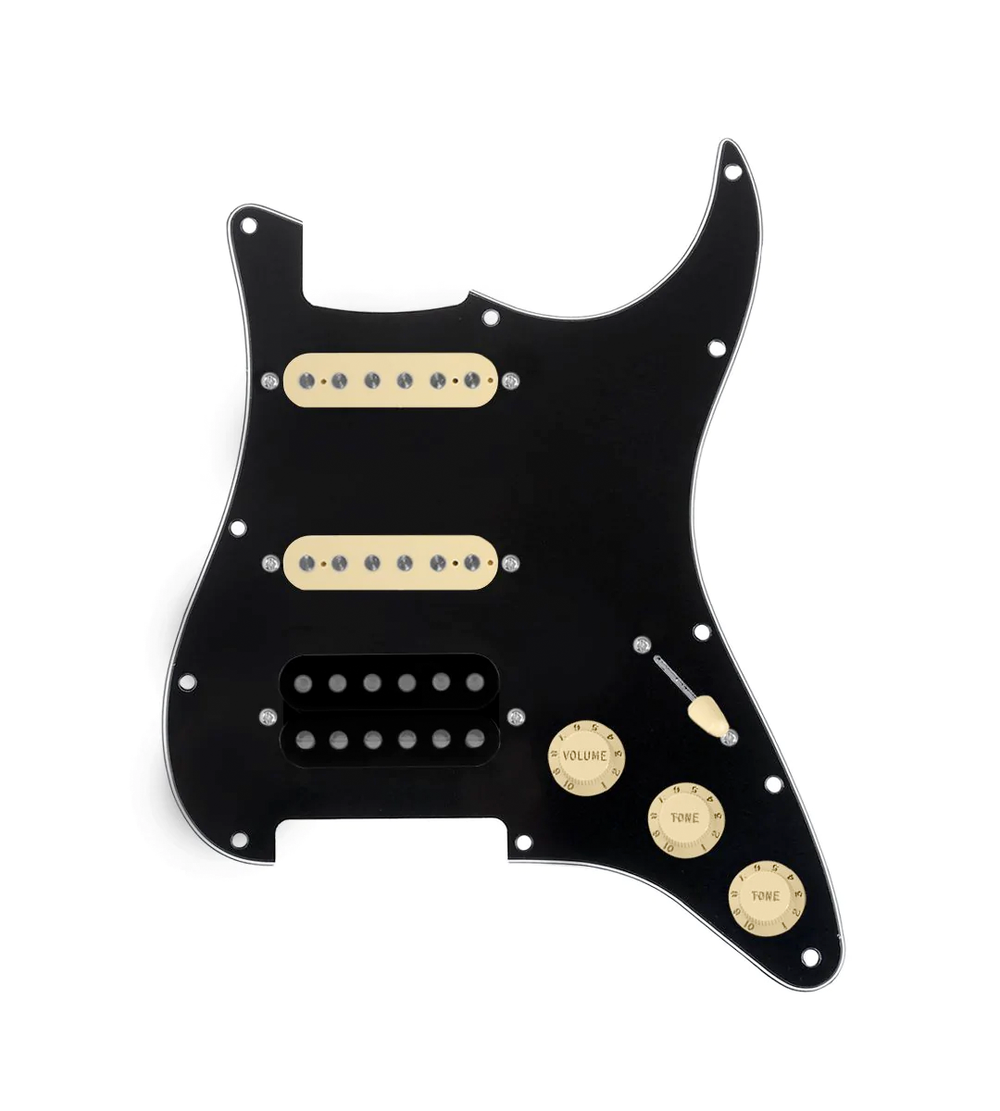 920D Custom HSS Loaded Pickguard For Strat With An Uncovered Smoothie Humbucker, Aged White Texas Vintage Pickups, Aged White Knobs, and Black Pickguard