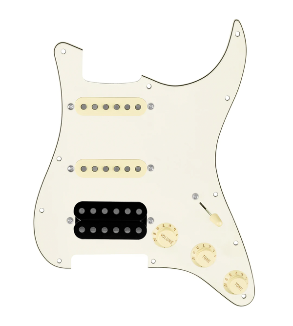 920D Custom HSS Loaded Pickguard For Strat With An Uncovered Smoothie Humbucker, Aged White Texas Vintage Pickups, Aged White Knobs, and Parchment Pickguard