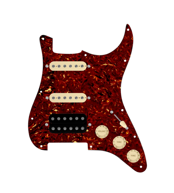 920D Custom HSS Loaded Pickguard For Strat With An Uncovered Smoothie Humbucker, Aged White Texas Vintage Pickups, Aged White Knobs, and Tortoise Pickguard