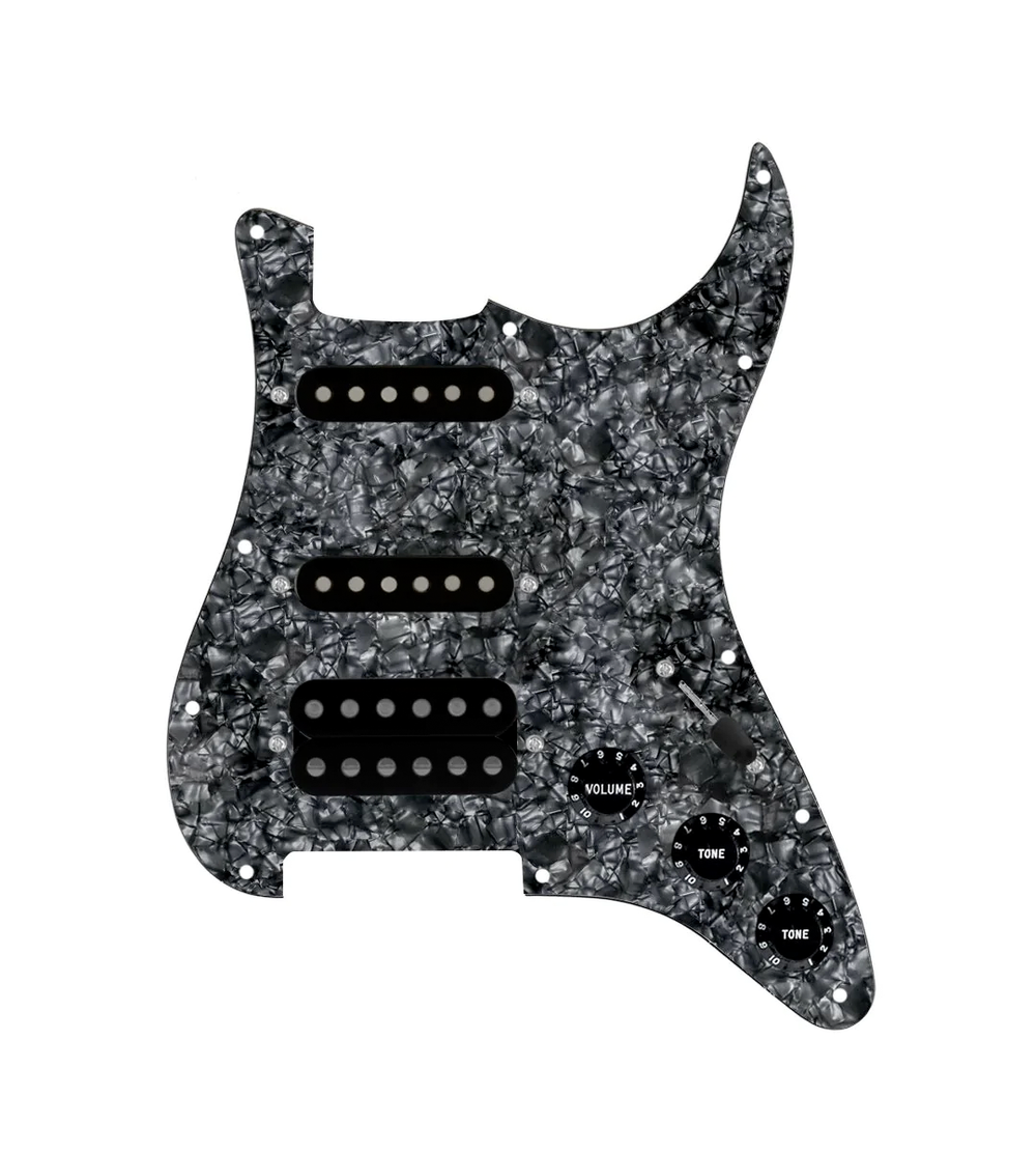920D Custom HSS Loaded Pickguard For Strat With An Uncovered Smoothie Humbucker, Black Texas Vintage Pickups, Black Knobs, and Black Pearl Pickguard