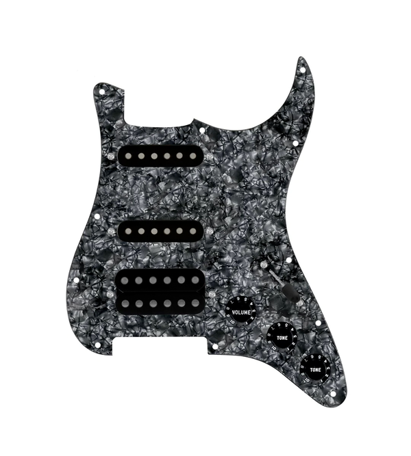 920D Custom HSS Loaded Pickguard For Strat With An Uncovered Smoothie Humbucker, Black Texas Vintage Pickups, Black Knobs, and Black Pearl Pickguard