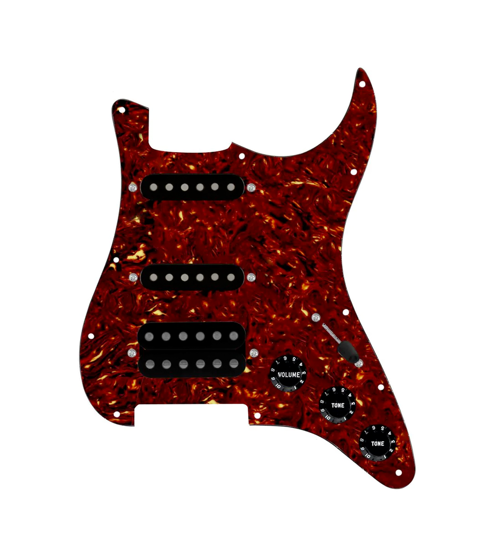 920D Custom HSS Loaded Pickguard For Strat With An Uncovered Smoothie Humbucker, Black Texas Vintage Pickups, Black Knobs, and Tortoise Pickguard