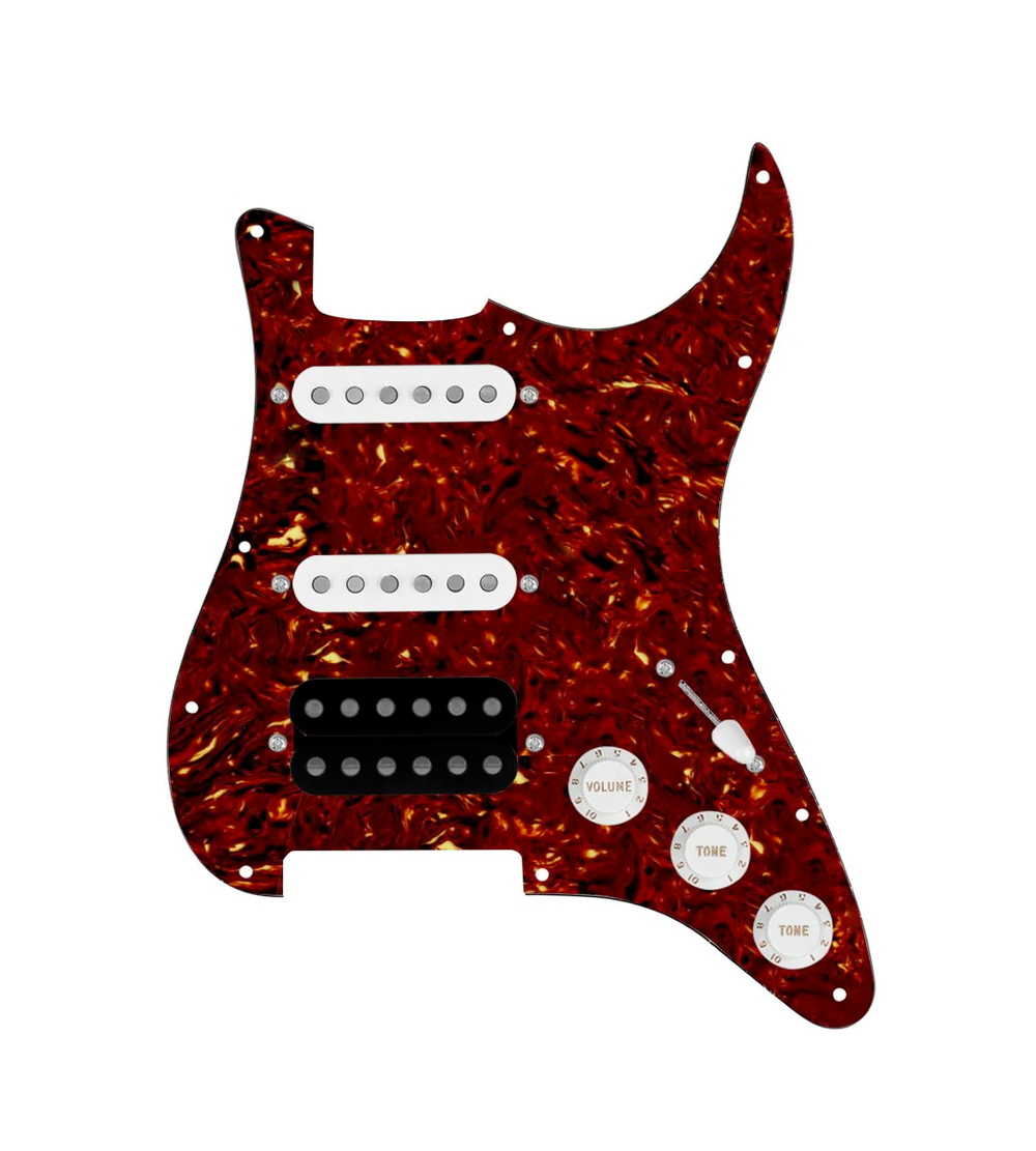 920D Custom HSS Loaded Pickguard For Strat With An Uncovered Smoothie Humbucker, White Texas Vintage Pickups, White Knobs, and Tortoise Pickguard