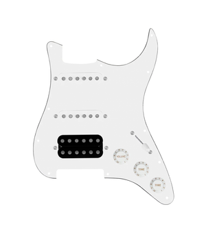 920D Custom HSS Loaded Pickguard For Strat With An Uncovered Smoothie Humbucker, White Texas Vintage Pickups, White Knobs, and White Pickguard