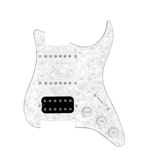 920D Custom HSS Loaded Pickguard For Strat With An Uncovered Smoothie Humbucker, White Texas Vintage Pickups, White Knobs, and White Pearl Pickguard