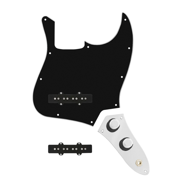 920D Custom Jazz Bass Loaded Pickguard With Drive (Hot) Pickups, Black Pickguard, and JB-CON-CH-BK Control Plate