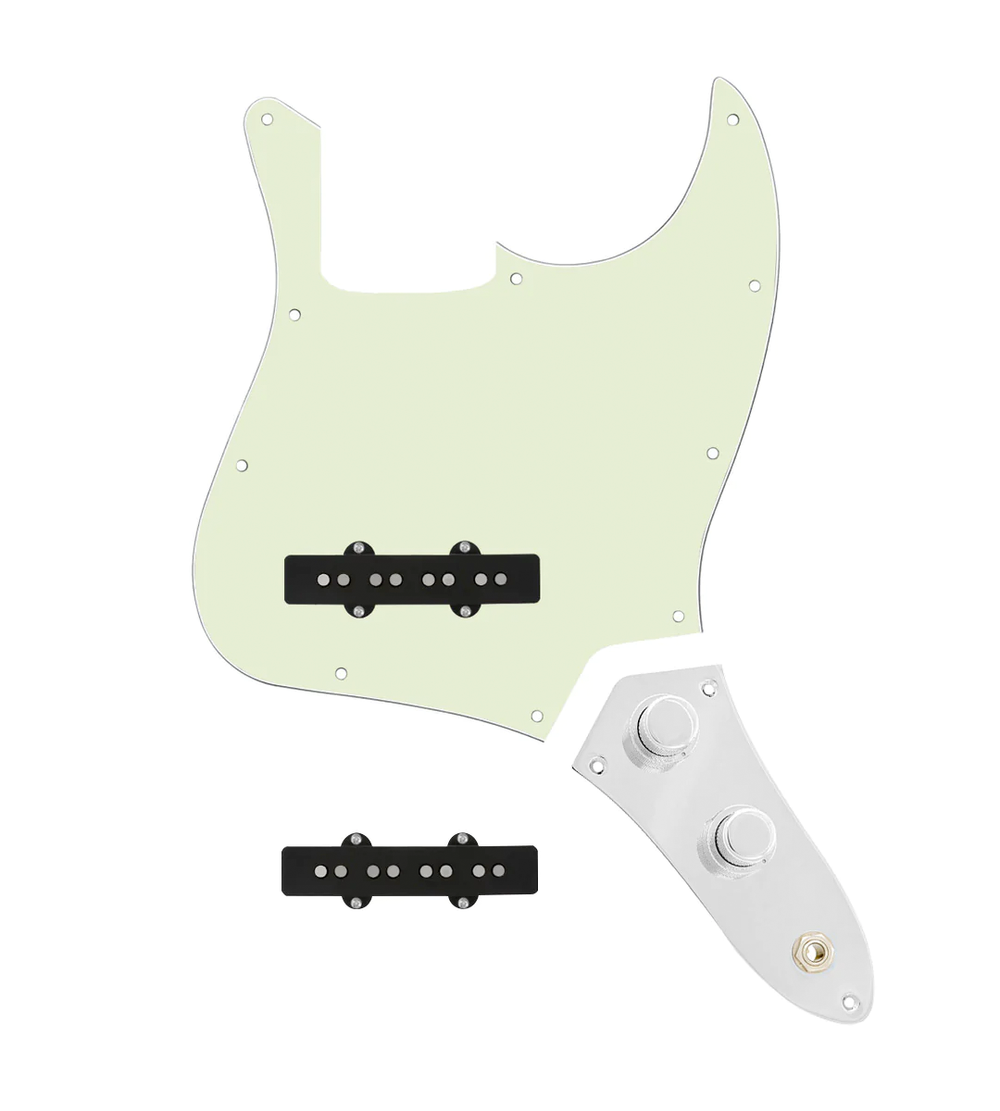 920D Custom Jazz Bass Loaded Pickguard With Drive (Hot) Pickups, Mint Green Pickguard, and JB-CON-C Control Plate