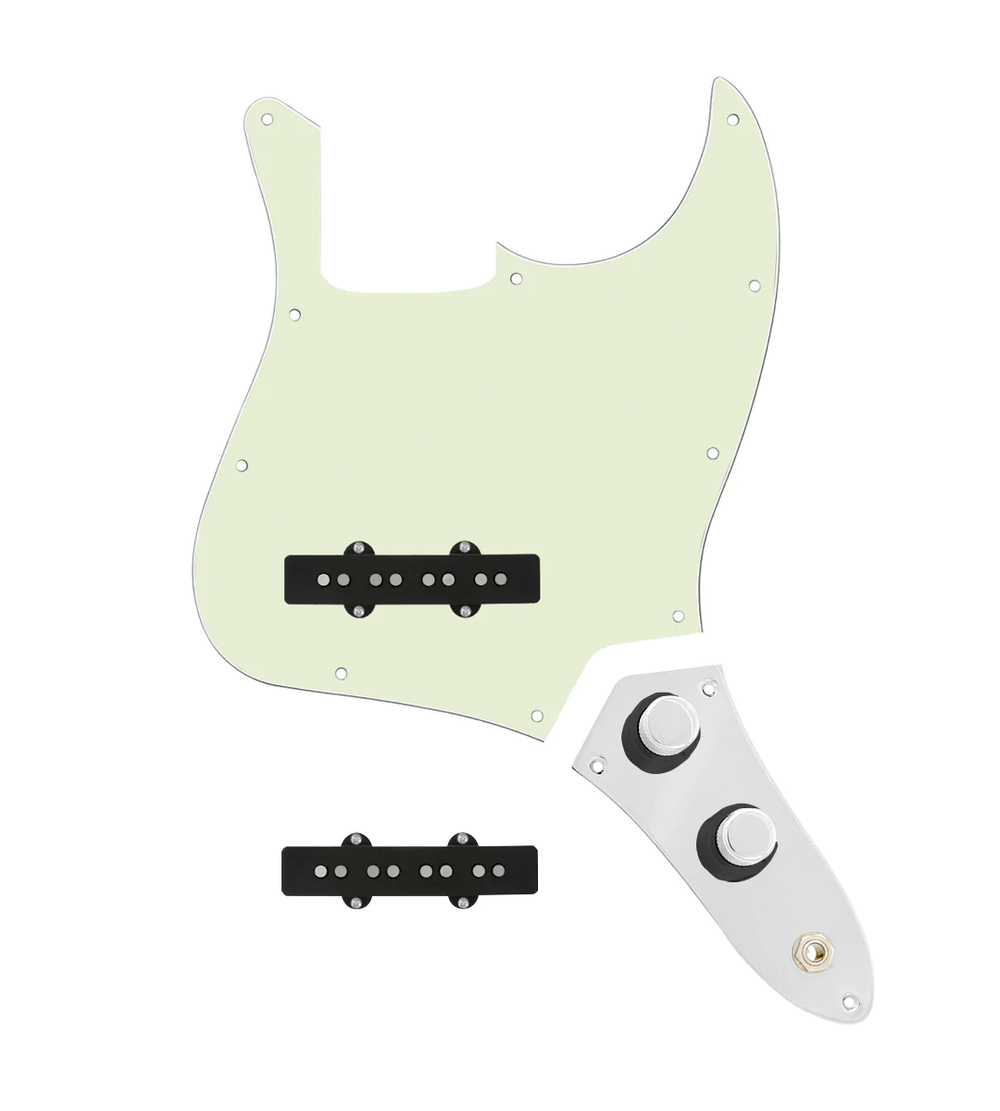 920D Custom Jazz Bass Loaded Pickguard With Drive (Hot) Pickups, Mint Green Pickguard, and JB-CON-CH-BK-T Control Plate