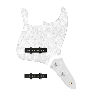 920D Custom Jazz Bass Loaded Pickguard With Drive (Hot) Pickups, White Pearl Pickguard, and JB-CON-C Control Plate