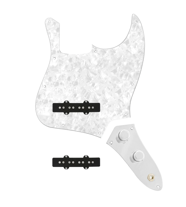 920D Custom Jazz Bass Loaded Pickguard With Drive (Hot) Pickups, White Pearl Pickguard, and JB-CON-C Control Plate