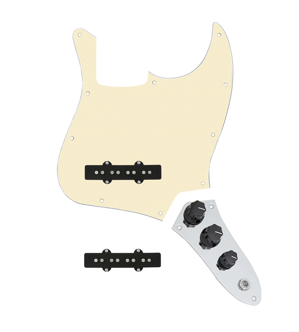 920D Custom Jazz Bass Loaded Pickguard With Groove (Modern) Pickups, Aged White Pickguard, and JB-C Wiring Harness