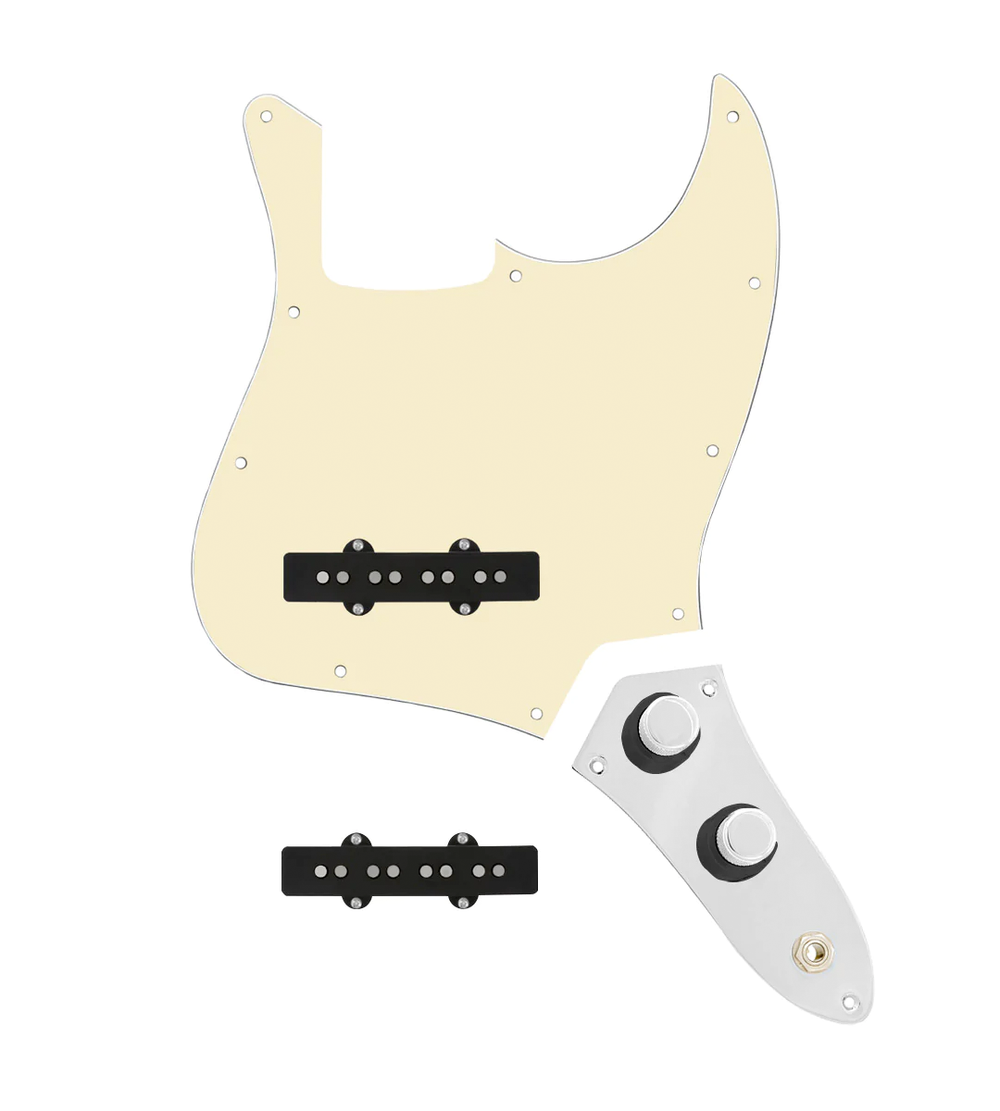 920D Custom Jazz Bass Loaded Pickguard With Groove (Modern) Pickups, Aged White Pickguard, and JB-CON-CH-BK-T Wiring Harness