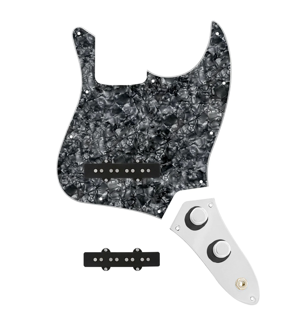 920D Custom Jazz Bass Loaded Pickguard With Pocket (Vintage) Pickups, Black Pearl Pickguard, and JB-CON-CH-BK-T Control Plate