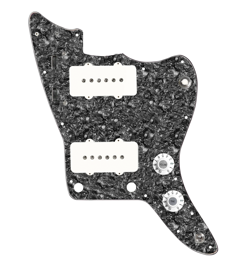 920D Custom JM Grit Loaded Pickguard for Jazzmaster With White Pickups and Knobs ,  Black Pearl Pickguard, and JMH-V Wiring Harness