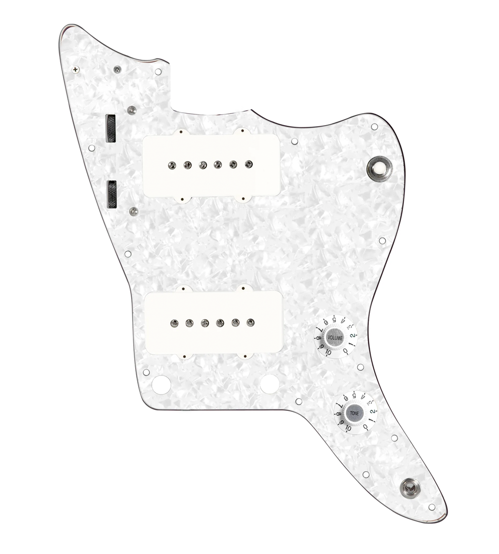 920D Custom JM Grit Loaded Pickguard for Jazzmaster With White Pickups and Knobs ,  White Pearl Pickguard, and JMH-V Wiring Harness