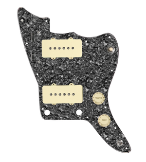 920D Custom JM Vintage Loaded Pickguard for Jazzmaster With Aged White Pickups and Knobs, Black Pearl Pickguard, and JMH-V Wiring Harness