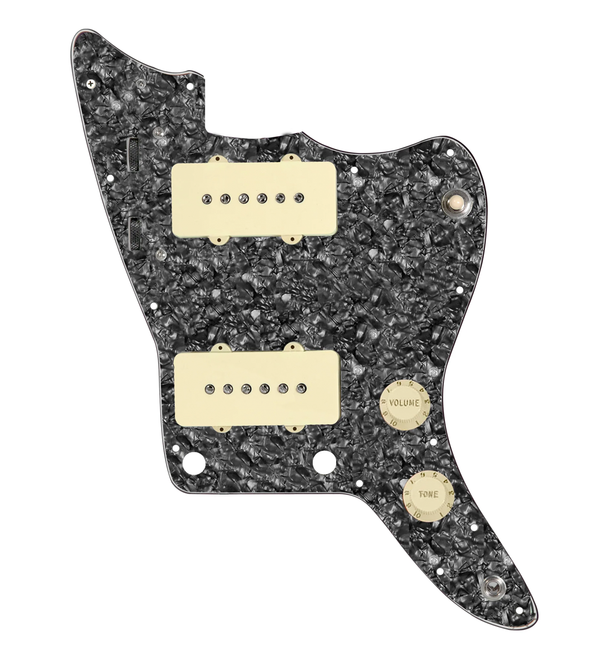 920D Custom JM Vintage Loaded Pickguard for Jazzmaster With Aged White Pickups and Knobs, Black Pearl Pickguard, and JMH-V Wiring Harness