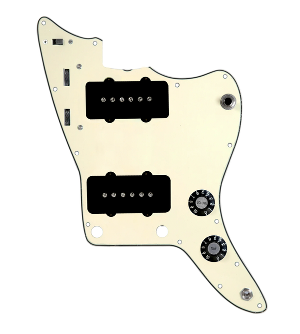 920D Custom JM Vintage Loaded Pickguard for Jazzmaster With Black Pickups and Knobs, Cream Pickguard, and JMH-V Wiring Harness