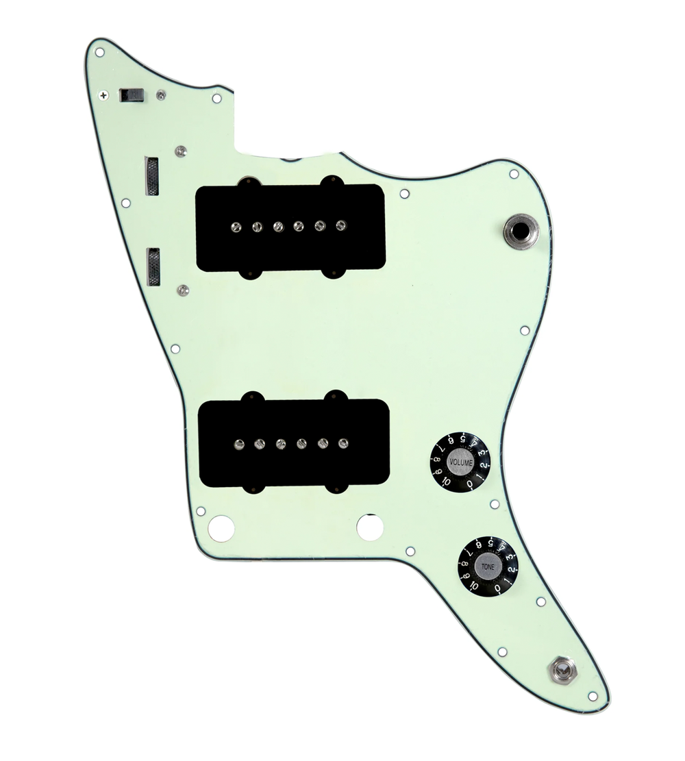 920D Custom JM Vintage Loaded Pickguard for Jazzmaster With Black Pickups and Knobs, Mint Green Pickguard, and JMH-V Wiring Harness
