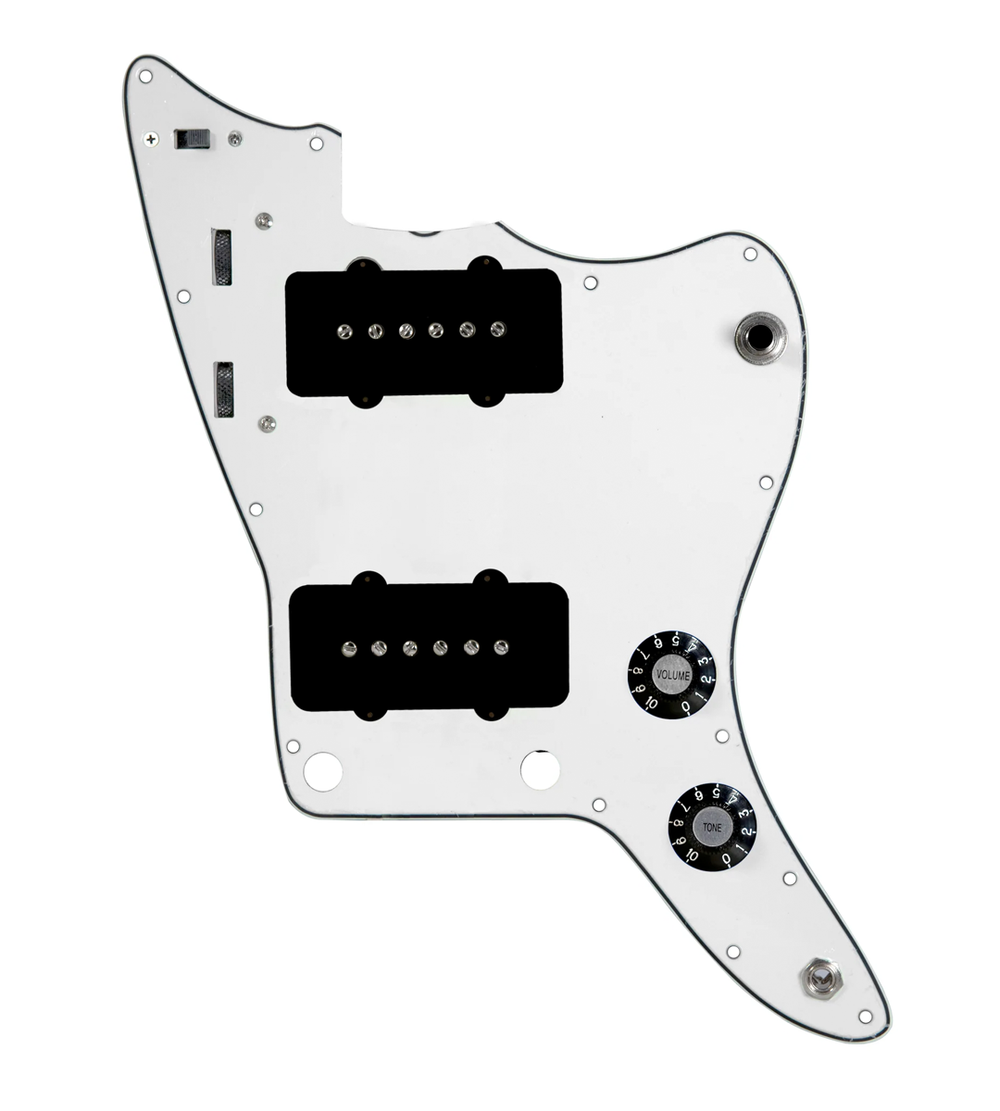 920D Custom JM Vintage Loaded Pickguard for Jazzmaster With Black Pickups and Knobs, Parchment Pickguard, and JMH-V Wiring Harness