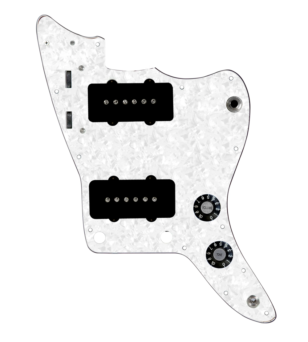 920D Custom JM Vintage Loaded Pickguard for Jazzmaster With Black Pickups and Knobs, White Pearl Pickguard, and JMH-V Wiring Harness
