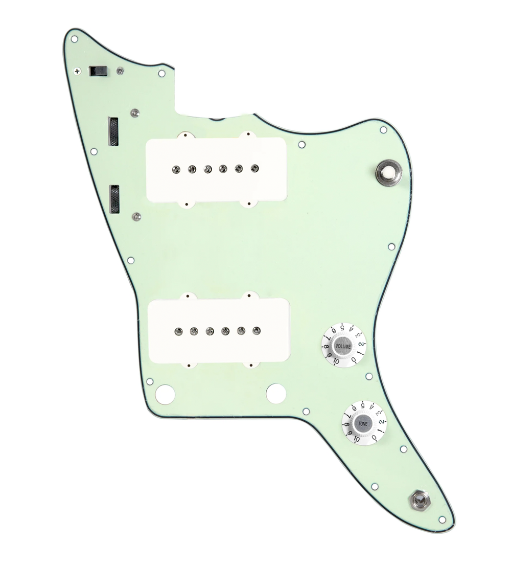 920D Custom JM Vintage Loaded Pickguard for Jazzmaster With White Pickups and Knobs, Mint Green Pickguard, and JMH-V Wiring Harness