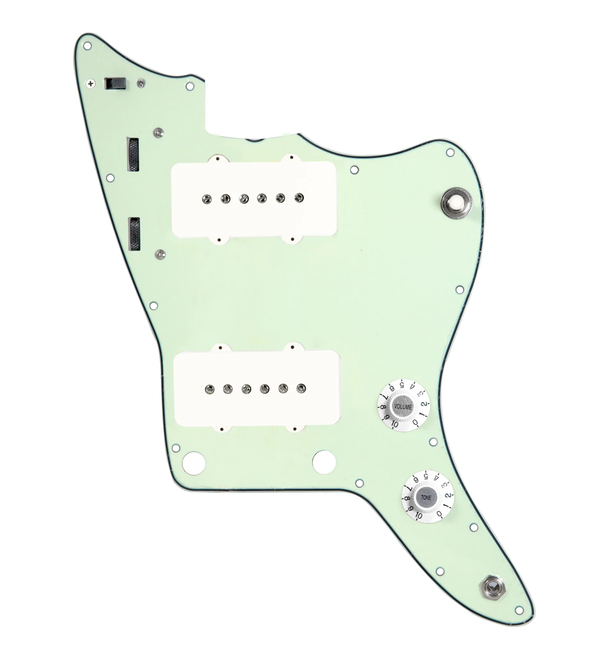 920D Custom JM Vintage Loaded Pickguard for Jazzmaster With White Pickups and Knobs, Mint Green Pickguard, and JMH-V Wiring Harness