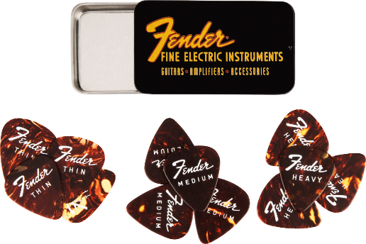 Genuine Fender Fine Electric Guitar Pick Gift Tin - 12 Pack of Thin/Medium/Heavy