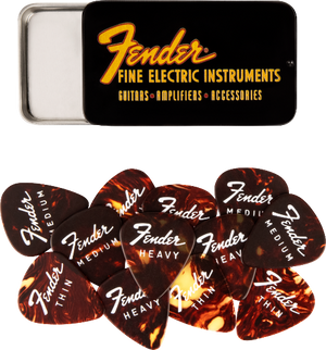 Genuine Fender Fine Electric Guitar Pick Gift Tin - 12 Pack of Thin/Medium/Heavy