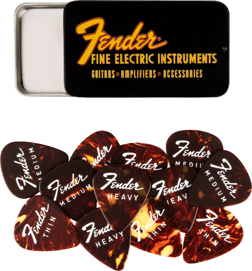 Genuine Fender Fine Electric Guitar Pick Gift Tin - 12 Pack of Thin/Medium/Heavy