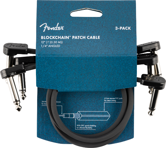 Fender Blockchain 12" Pedal Patch Cables, 3-pack, Angle/Angle