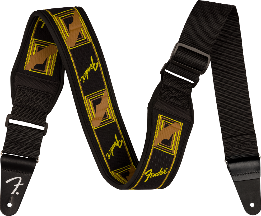Fender Swell Neoprene Running Logo Guitar Strap, 2.5" Wide, Black/Yellow/Brown