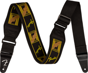 Fender Swell Neoprene Running Logo Guitar Strap, 2.5" Wide, Black/Yellow/Brown