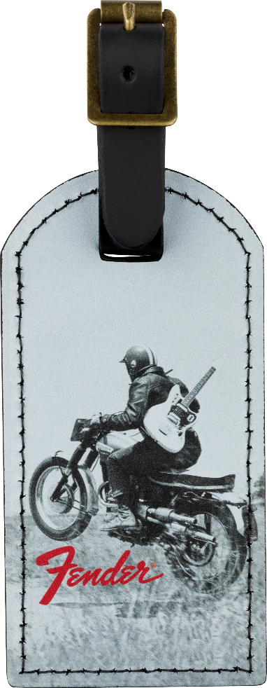 Genuine Fender Guitars Vintage Ad Luggage/Suitcase Tag, Motorcycle Rider