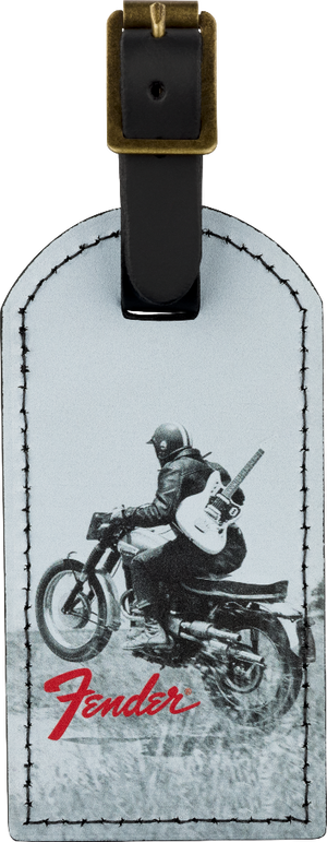 Genuine Fender Guitars Vintage Ad Luggage/Suitcase Tag, Motorcycle Rider