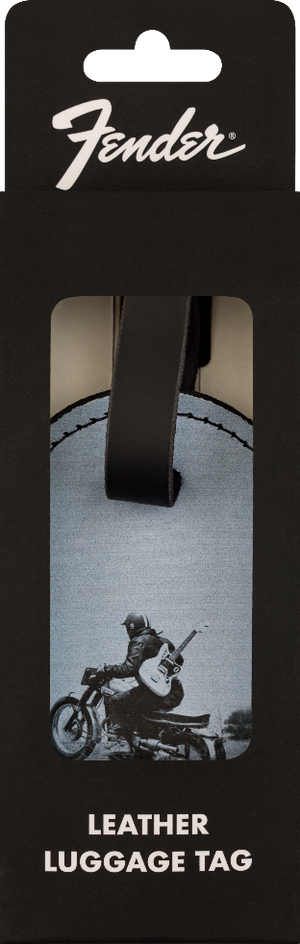 Genuine Fender Guitars Vintage Ad Luggage/Suitcase Tag, Motorcycle Rider