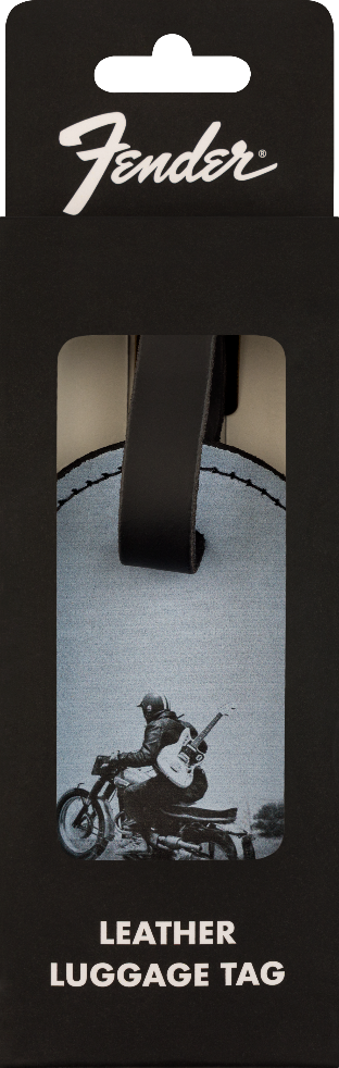 Genuine Fender Guitars Vintage Ad Luggage/Suitcase Tag, Motorcycle Rider