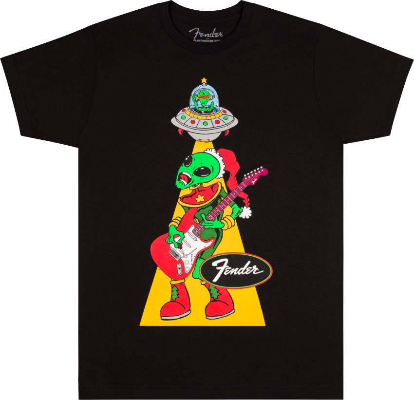 Genuine Fender Ugly Christmas Tee, Alien, Black, L, Large