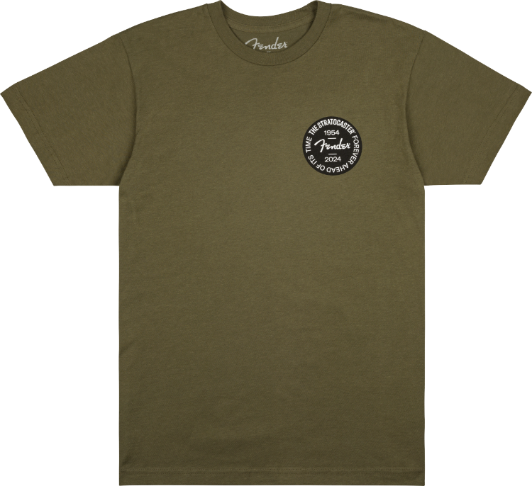 Genuine Fender Stratocaster 70th Anniversary Badge Tee, Olive, 2XL, XX-Large