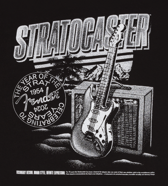 Genuine Fender Stratocaster/Strat 70th Anniversary, Tee, Black, 2XL, XX-Large