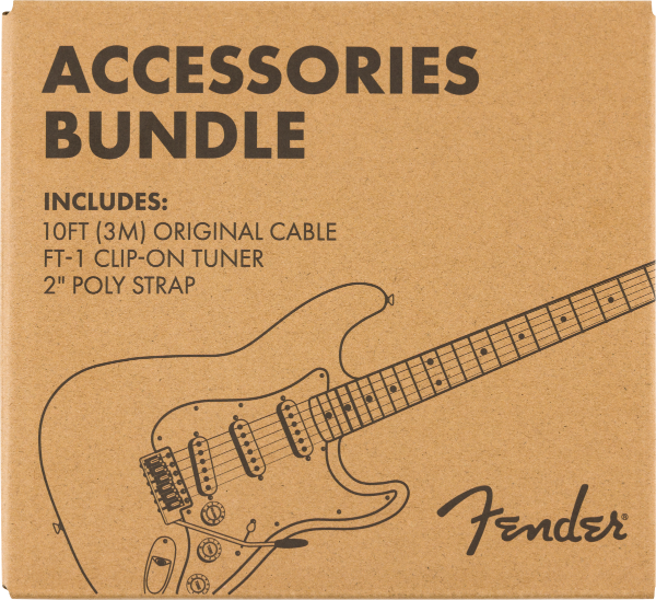 Genuine Fender Accessories Bundle Pack -- Cable, Clip-on Tuner, Strap