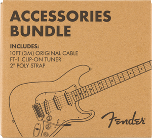 Genuine Fender Accessories Bundle Pack -- Cable, Clip-on Tuner, Strap