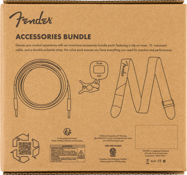 Genuine Fender Accessories Bundle Pack -- Cable, Clip-on Tuner, Strap