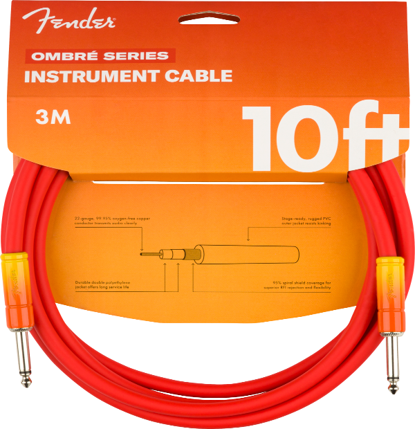 Genuine Fender Ombré Instrument Guitar Cable, Straight, 10', Tequila Sunrise