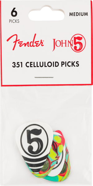 Genuine Fender John 5 Celluloid Guitar Picks, 351 Shape, Medium (6 Picks)